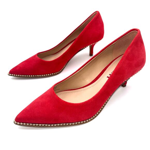 Coach Jackie Red Suede Pump 6.5 Gold Trim Elegant Chic Party Heels Holiday Shoes - Picture 5 of 11